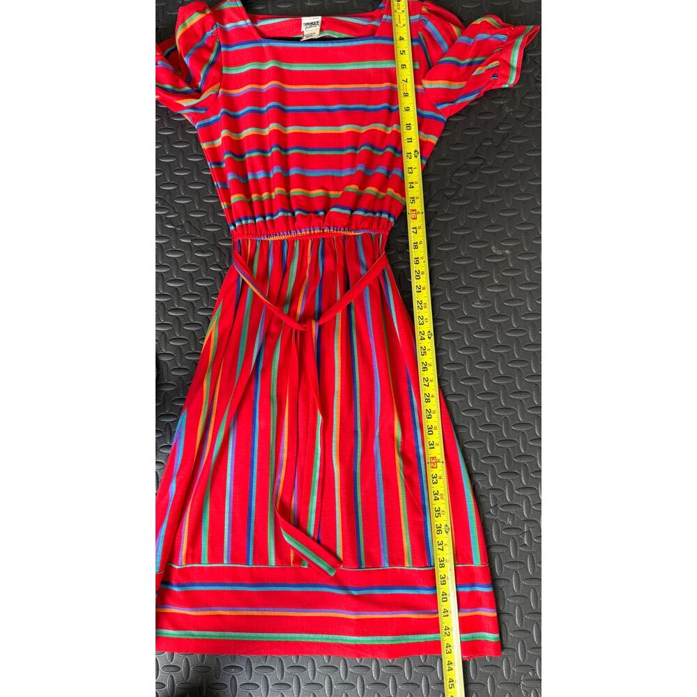 Vintage 80s Striped Belted Red Midi Dress Size 11/12 - Picture 7 of 7